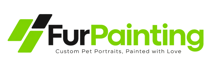 A logo on a white background with the text 'FurPainting' in black and bright green, plus the tagline 'Custom Pet Portraits, Painted with Love' underneath.