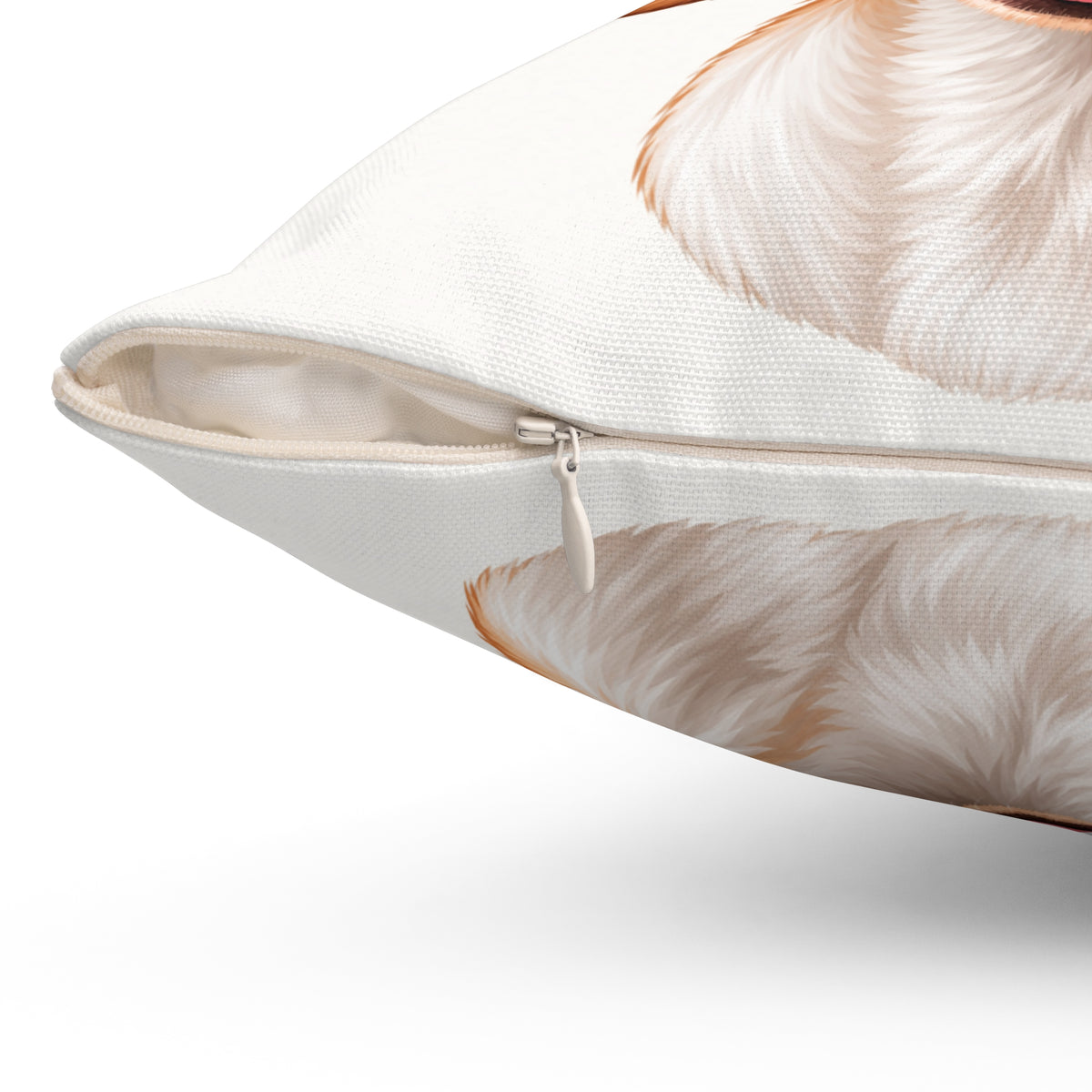 Close-up of a square throw pillow with a white zipper, featuring a printed design of fluffy cream and light brown fur on a white background.