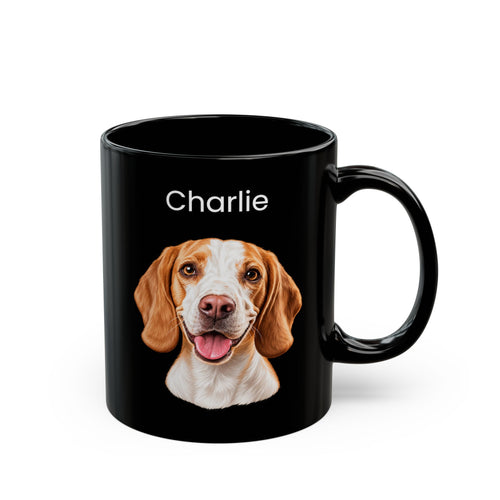 A black ceramic mug with a glossy finish, featuring a printed portrait of a brown and white beagle dog and the name 'Charlie' in white text above it, set against a plain white background.