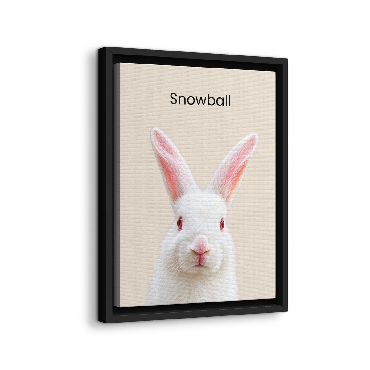 A framed art print featuring a white rabbit with red eyes and the word 'Snowball' printed above it, shown in a black frame against a light gray background.