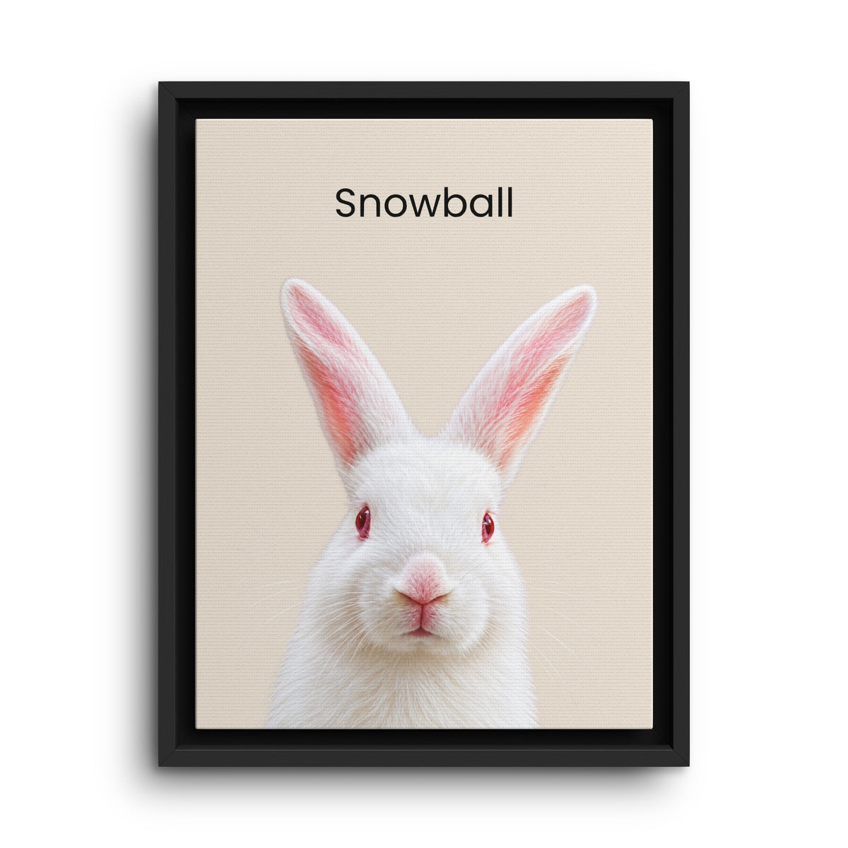 A framed art print featuring a close-up portrait of a white rabbit with red eyes and pink inner ears on a light beige background, with the word 'Snowball' printed above. The print is housed in a simple black frame and shown against a clean white background.
