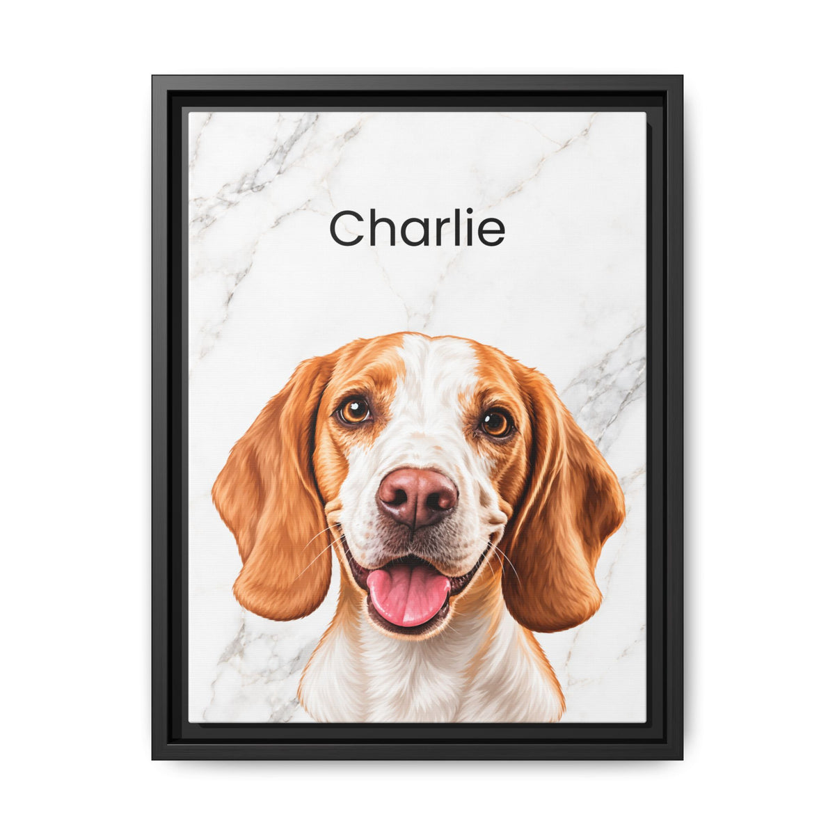 A framed custom pet portrait featuring a digital illustration of a brown and white beagle dog named 'Charlie' on a white marble background, enclosed in a black frame.