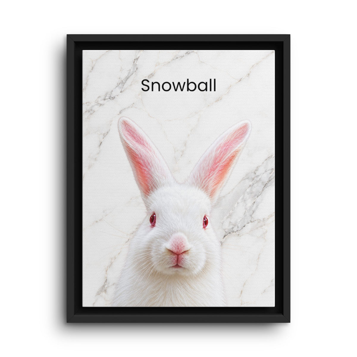 A framed art print featuring a white rabbit with pink inner ears and red eyes on a white marble background, with the text 'Snowball' at the top. The print is housed in a simple black frame and is shown against a clean white background.