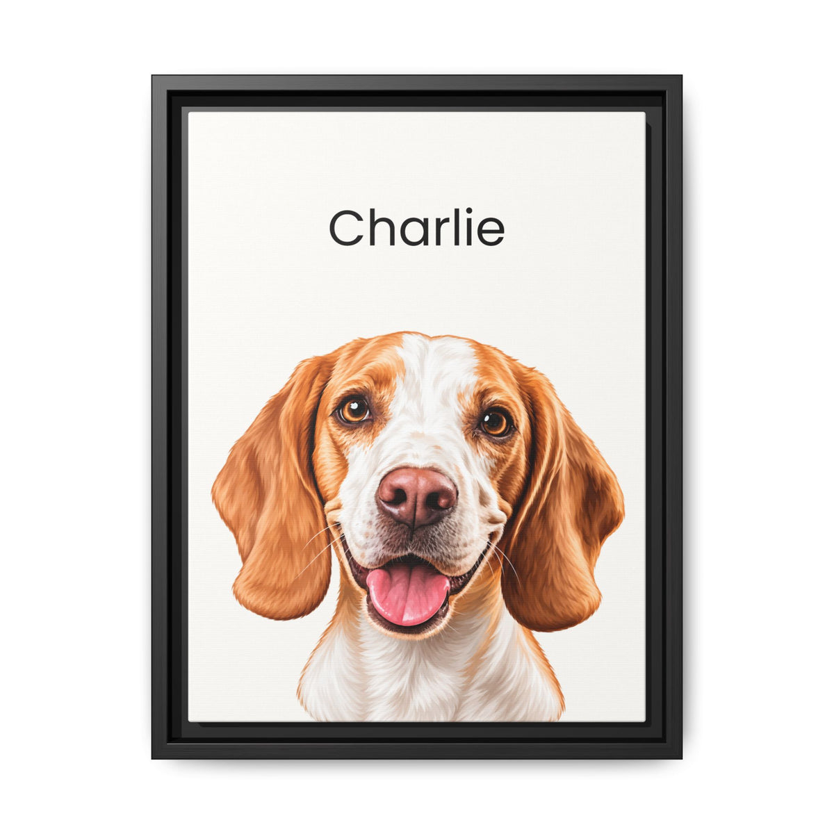 A framed custom pet portrait featuring a digital illustration of a beagle-type dog named 'Charlie' on an off-white background, enclosed in a black frame.