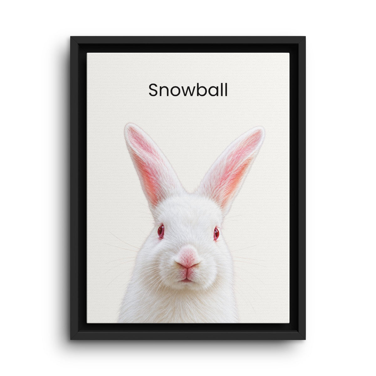 A framed art print featuring a white rabbit with red eyes and pink inner ears on a light background, with the word 'Snowball' printed above. The print is housed in a simple black frame and shown against a clean white background.