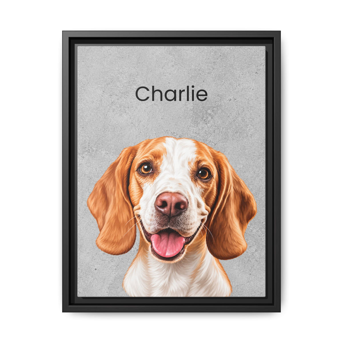 A framed custom pet portrait featuring a digital illustration of a beagle-type dog named 'Charlie' on a textured gray background, enclosed in a black frame.