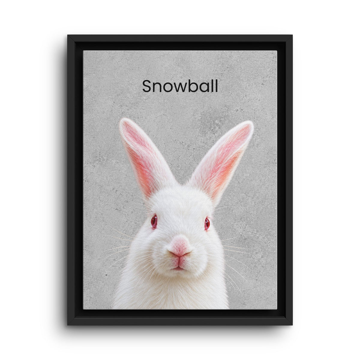 A framed art print featuring a white rabbit with red eyes and pink inner ears on a textured gray background, with the word 'Snowball' printed above. The print is housed in a simple black frame and shown against a clean white background.
