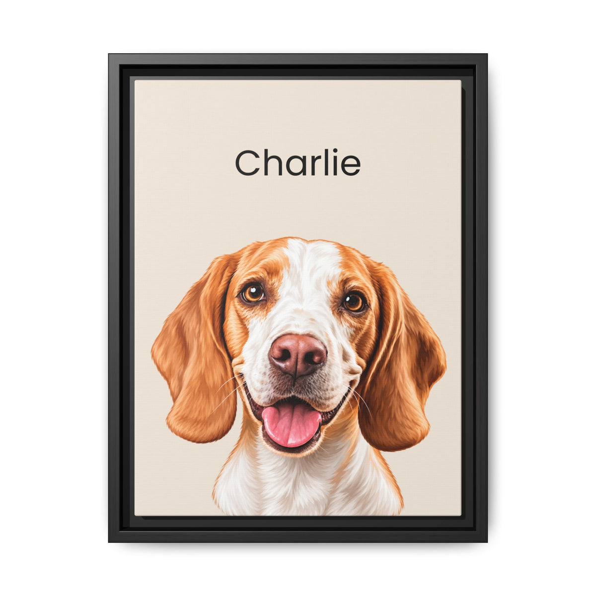 A framed custom pet portrait featuring a digital illustration of a beagle-type dog named 'Charlie' on a beige background, enclosed in a black frame.
