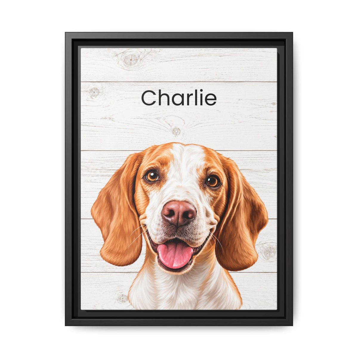 A framed custom pet portrait featuring a digital illustration of a beagle-type dog named 'Charlie' on a white wood plank background, enclosed in a black frame.