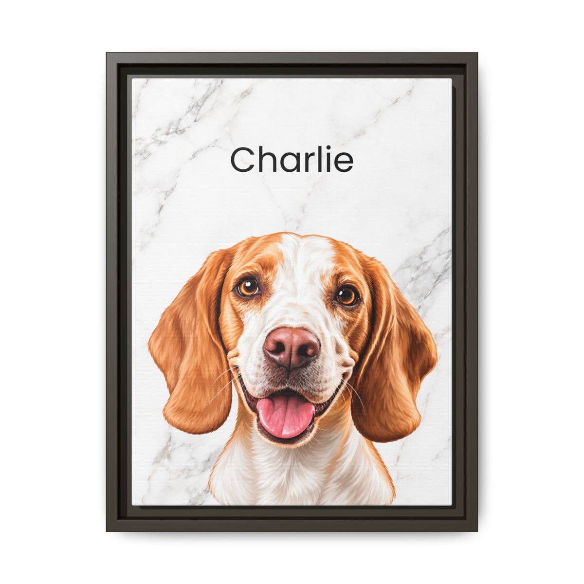 A framed custom pet portrait featuring a digital illustration of a brown and white beagle dog named 'Charlie' on a white marble background, enclosed in a dark brown frame.