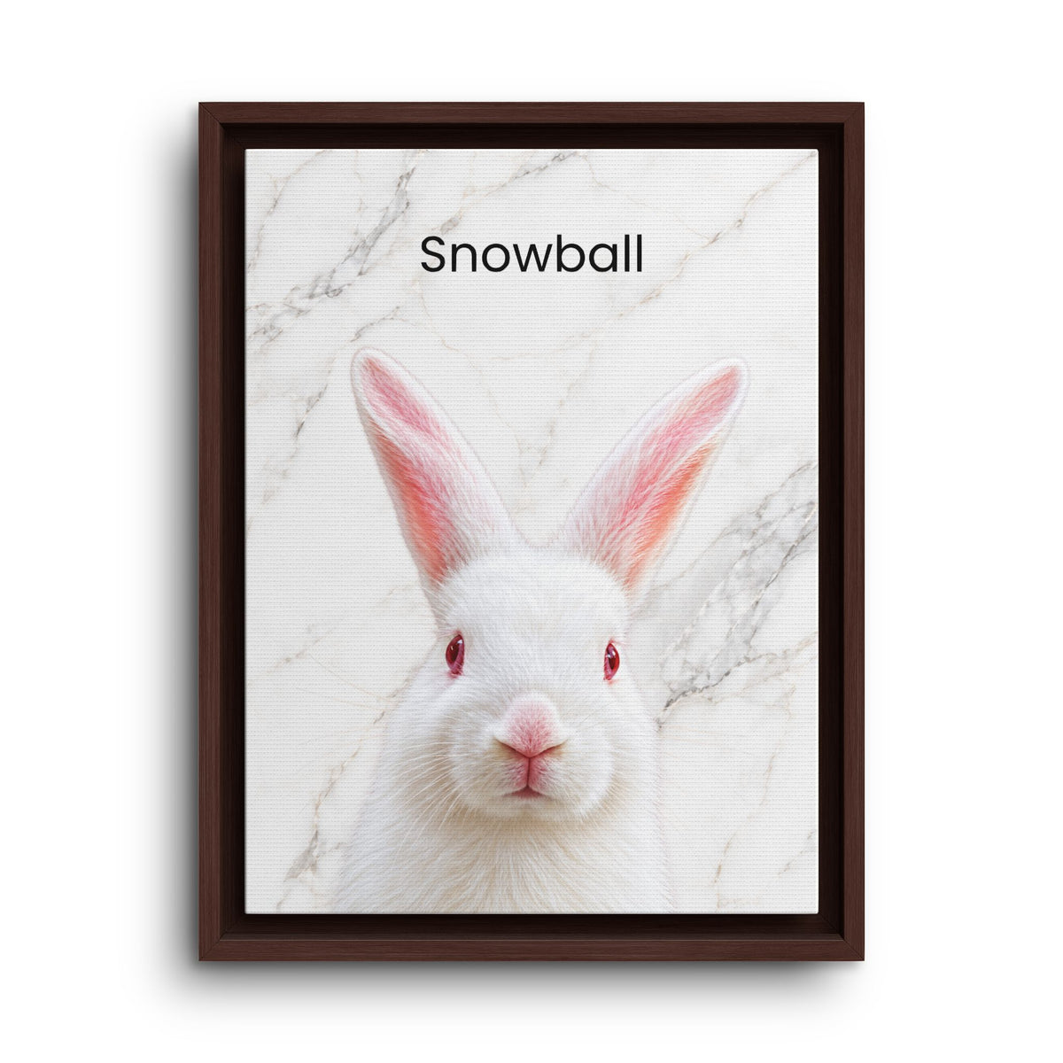 A framed art print featuring a white rabbit with pink inner ears and red eyes on a white marble background, with the text 'Snowball' at the top. The print is housed in a dark brown wooden frame and is shown against a plain white background.