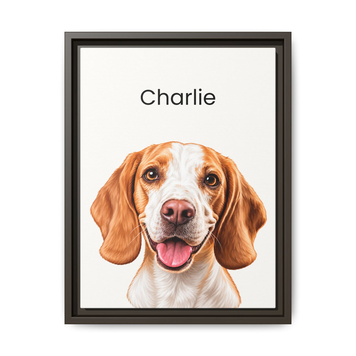 A framed custom pet portrait featuring a digital illustration of a beagle-type dog named 'Charlie' on an off-white background, enclosed in a black frame.