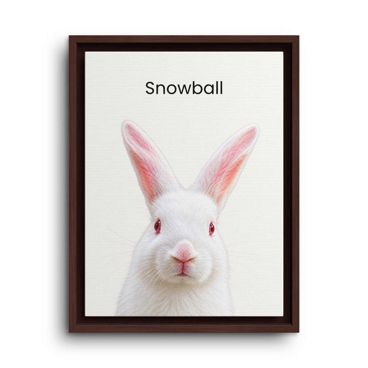 A framed art print featuring a white rabbit with red eyes and the word 'Snowball' printed above it, shown against a clean white background.