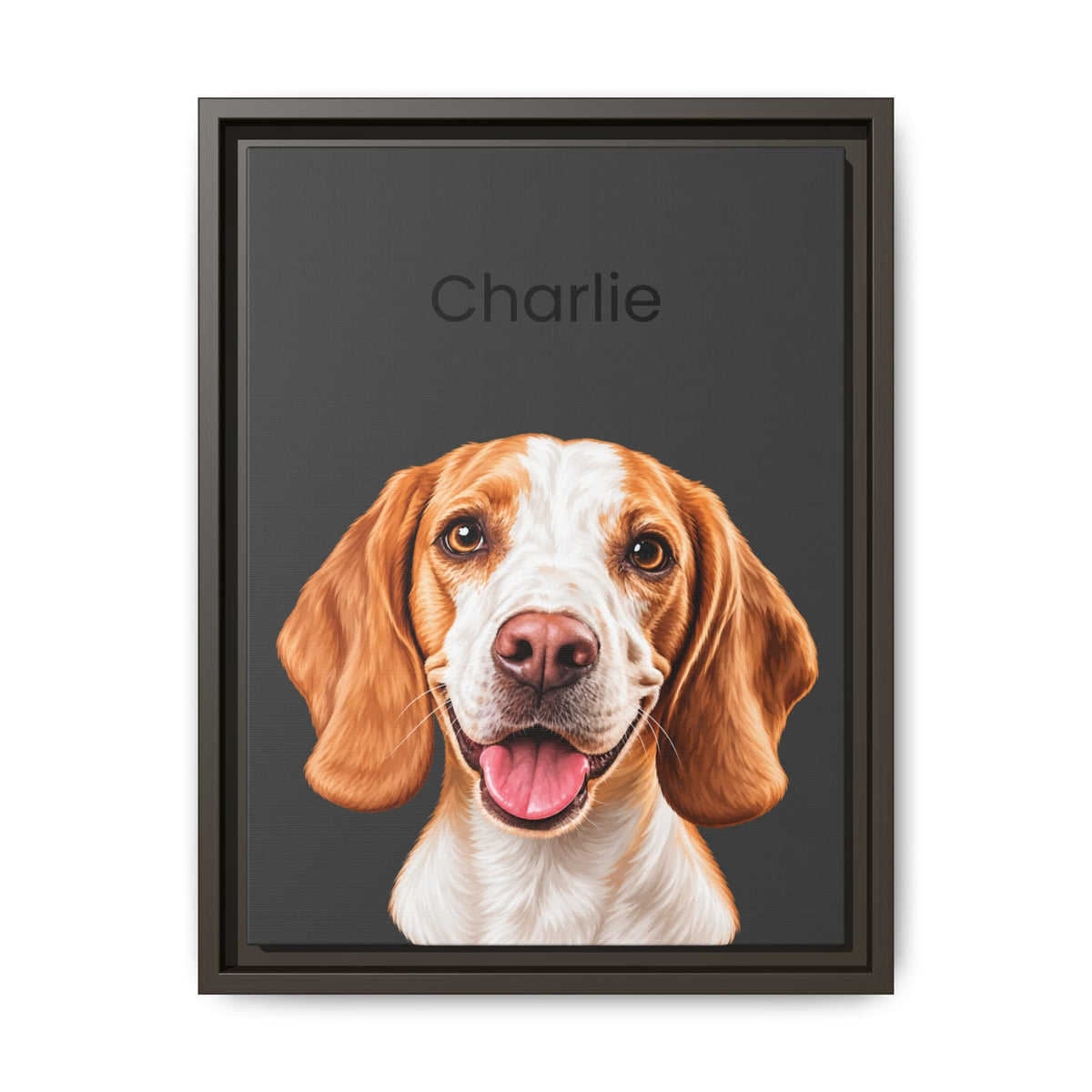 A framed custom pet portrait featuring a digital illustration of a beagle-type dog named 'Charlie' on a dark gray background, enclosed in a dark brown frame.