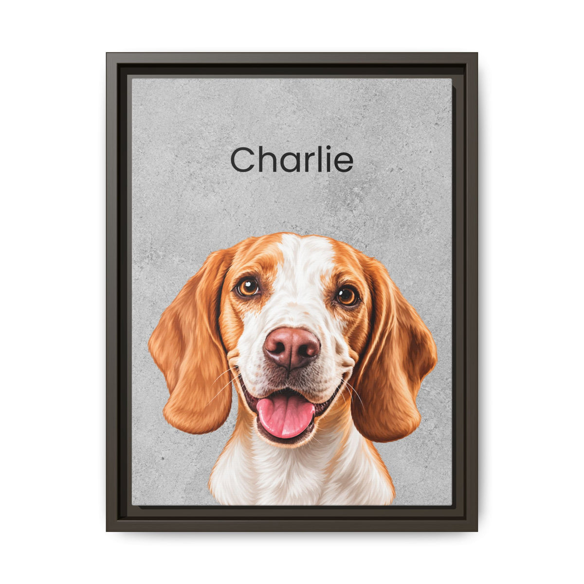 A framed custom pet portrait featuring a digital illustration of a beagle-type dog named 'Charlie' on a textured gray background, enclosed in a dark brown frame.