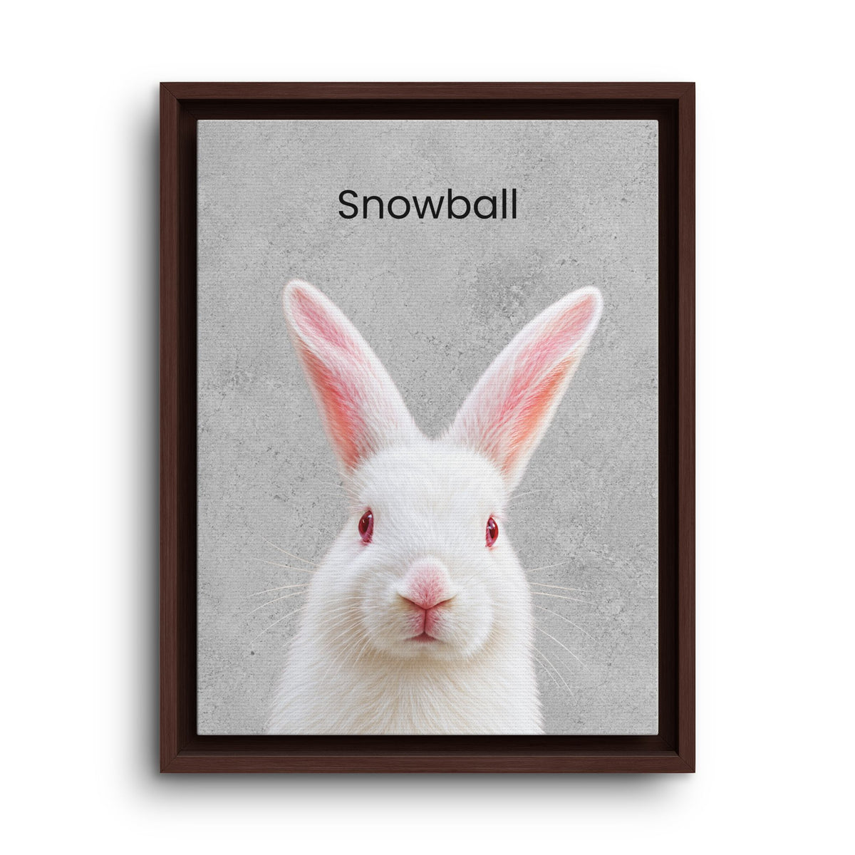 A framed art print featuring a white rabbit with red eyes and pink inner ears on a textured gray background, with the word 'Snowball' printed above. The print is housed in a dark brown wooden frame and is shown against a plain white background.