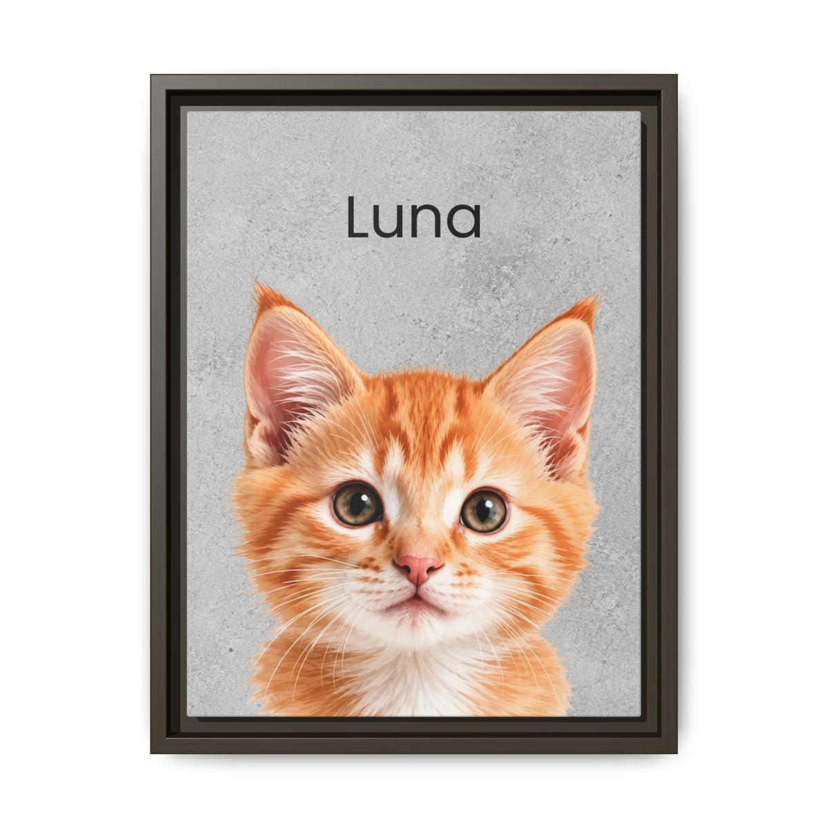 A framed custom pet portrait featuring a close-up photo of an orange tabby kitten with the name 'Luna' printed above it on a textured gray background, enclosed in a dark frame.
