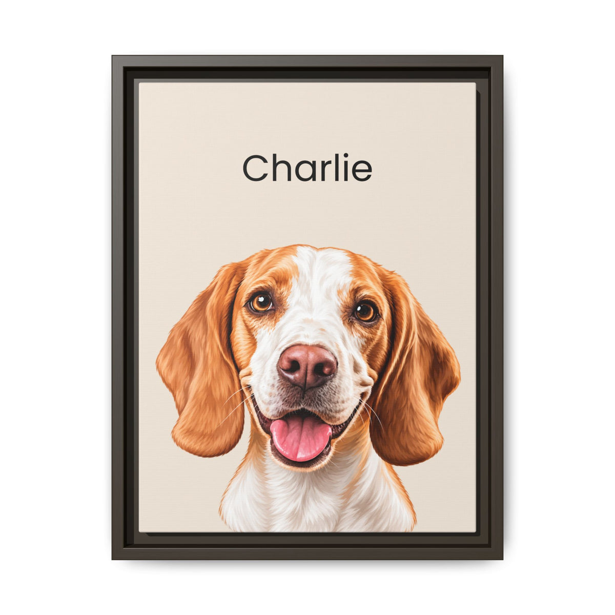 A framed pet portrait print featuring a detailed illustration of a brown and white beagle dog with the name 'Charlie' printed above, shown against a clean white background.