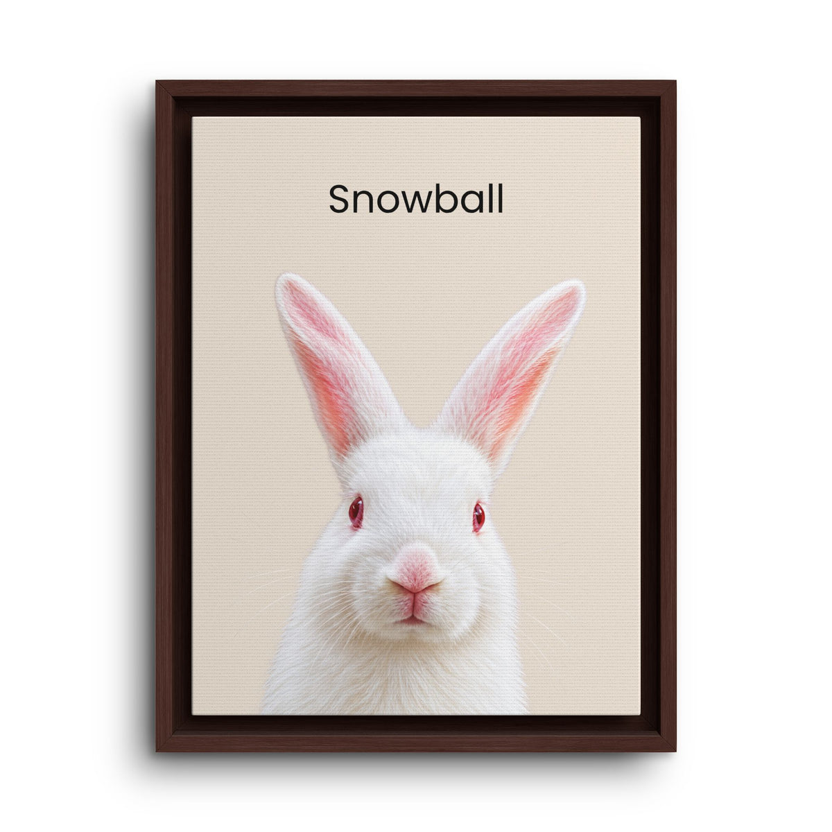 Framed wall art featuring a white rabbit centered on a light beige background with the word 'Snowball' printed above it, shown in a dark brown frame against a white wall.