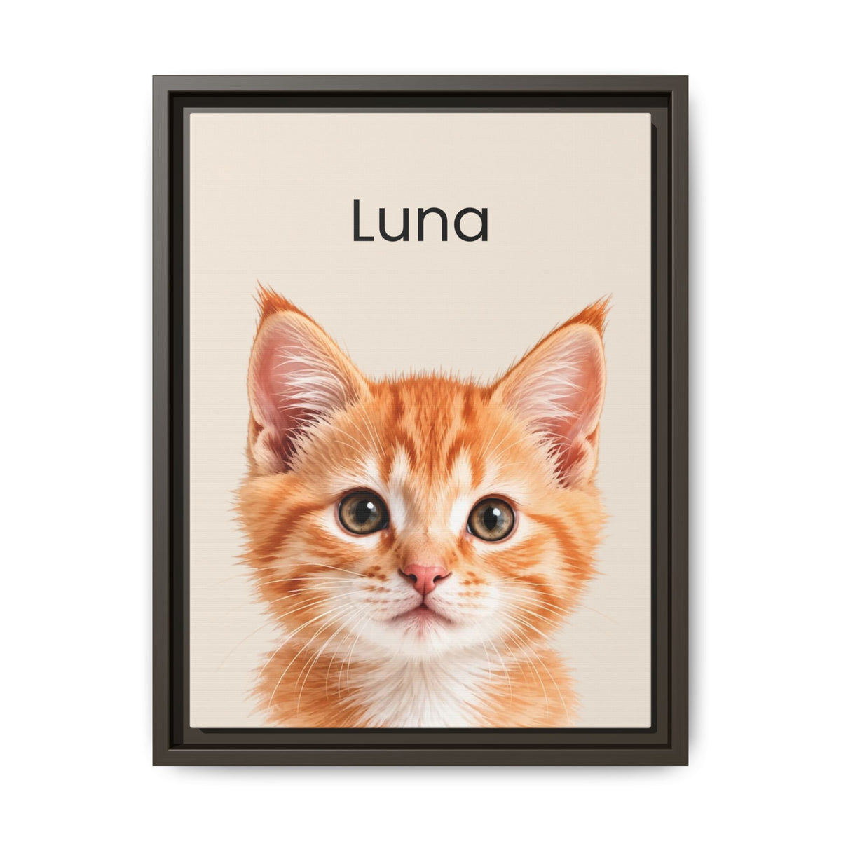 A framed custom pet portrait featuring a close-up photograph of an orange tabby kitten with the name 'Luna' printed above it, set in a dark frame against a white background.