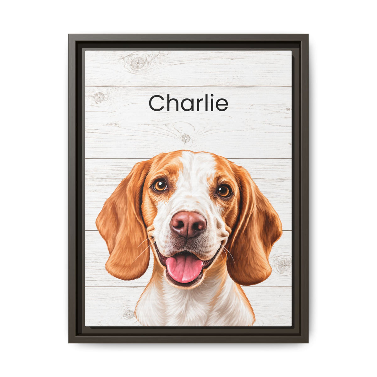 A framed custom pet portrait featuring a digital illustration of a beagle-type dog named 'Charlie' on a white wood plank background, enclosed in a dark brown frame.