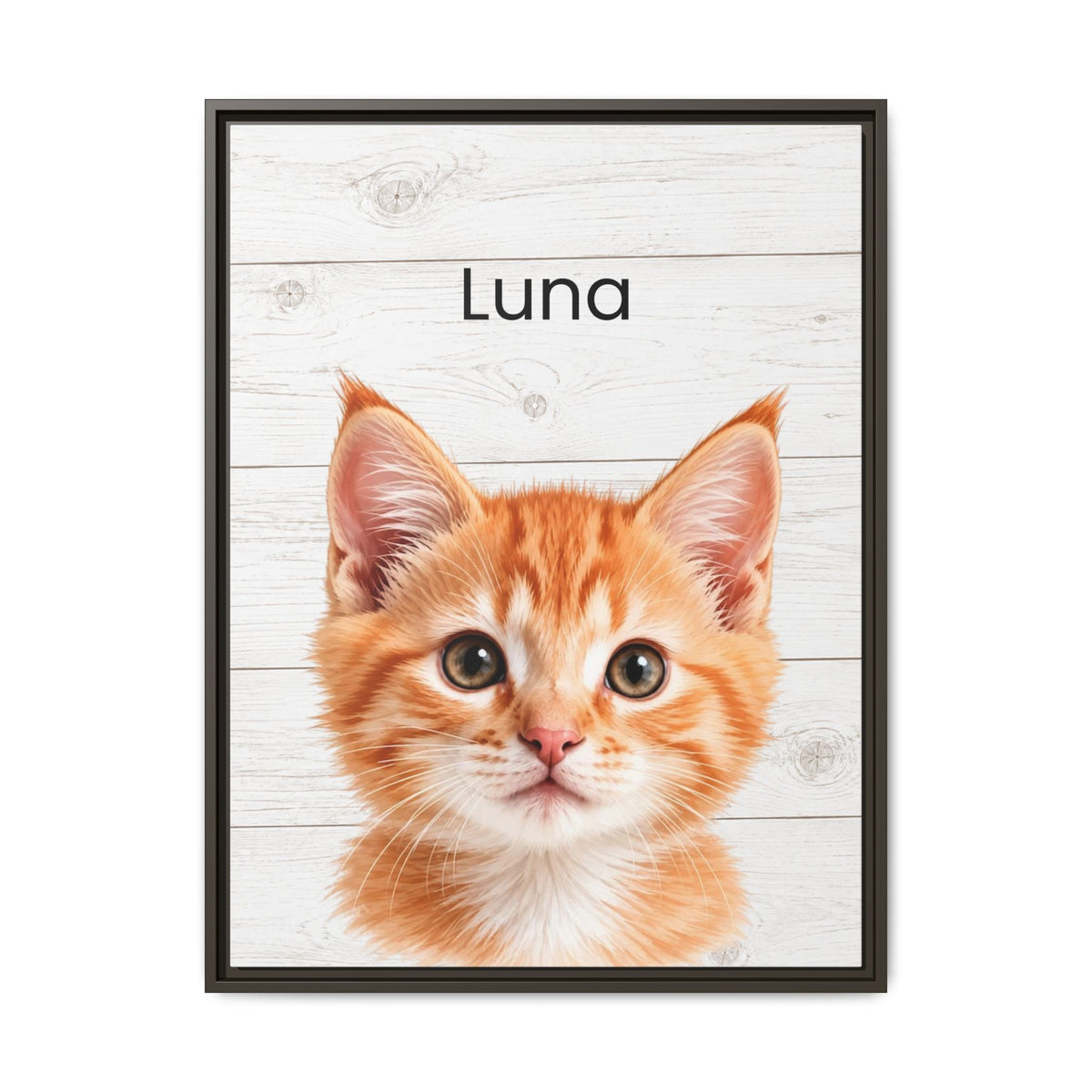 A framed custom pet portrait featuring a digital illustration of an orange tabby kitten named 'Luna' against a white wood plank background, enclosed in a thin black frame.