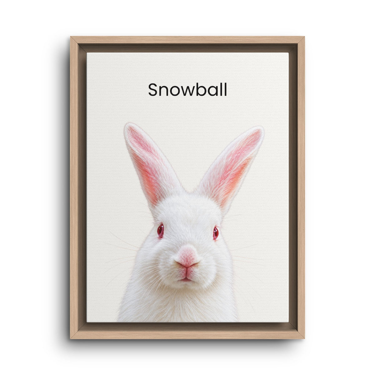 A framed art print featuring a white rabbit with red eyes and the word 'Snowball' printed above it, set in a light wood frame against a white background.