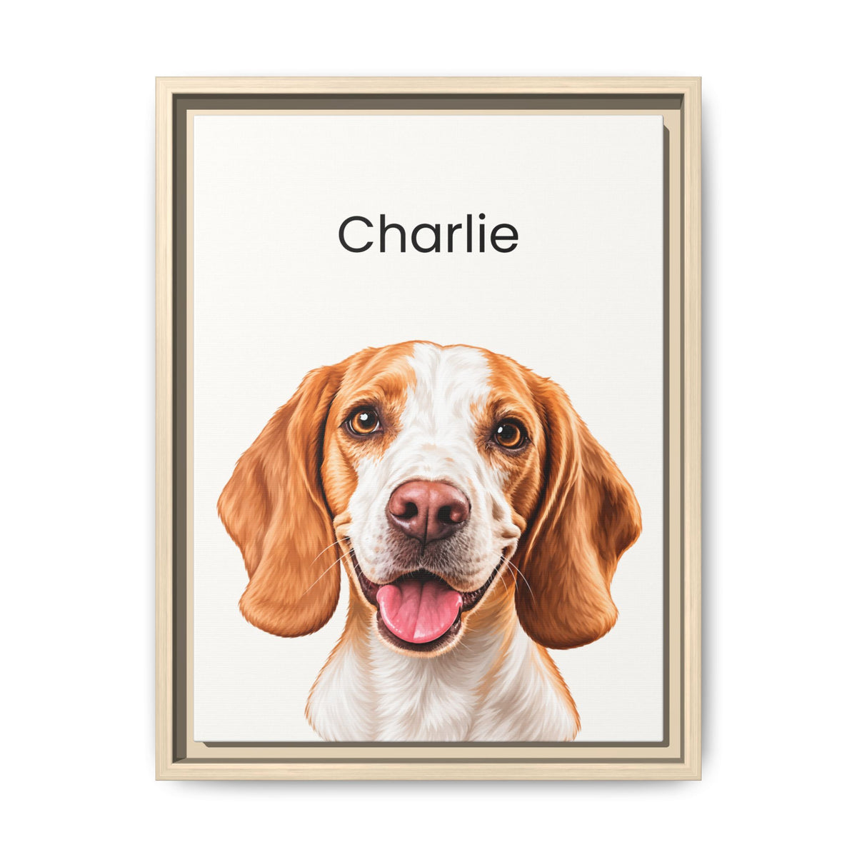 A framed pet portrait print featuring a detailed illustration of a beagle-type dog with the name 'Charlie' printed above, shown against a clean white background.