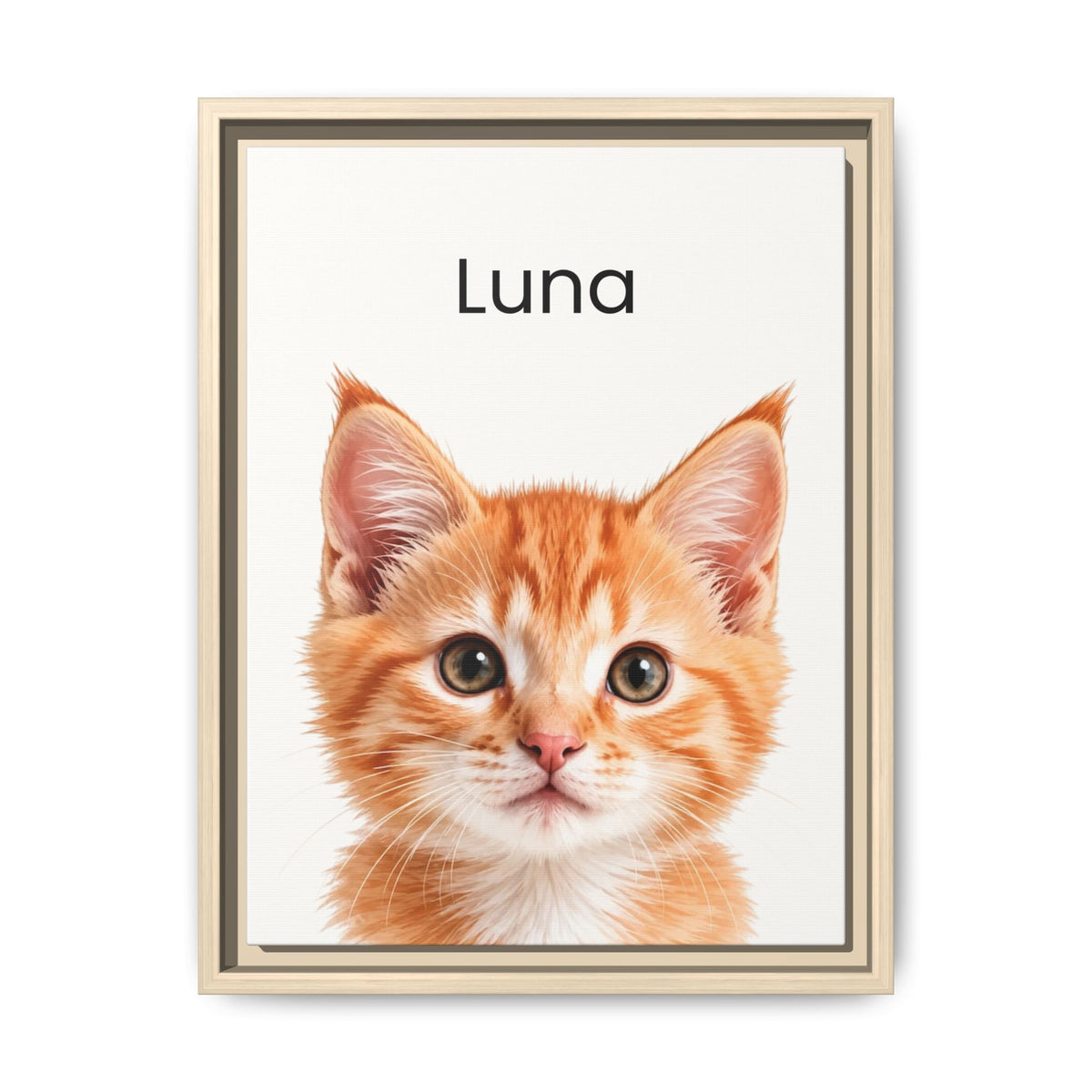 A framed custom pet portrait featuring a digital illustration of an orange tabby kitten with the name 'Luna' printed above it, set against a clean white background.