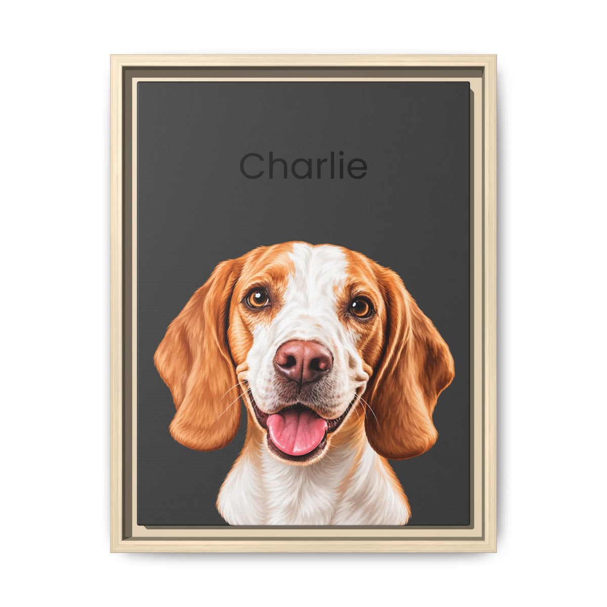 A framed custom pet portrait print featuring a detailed illustration of a beagle-type dog named Charlie on a dark gray background, enclosed in a light wood frame.