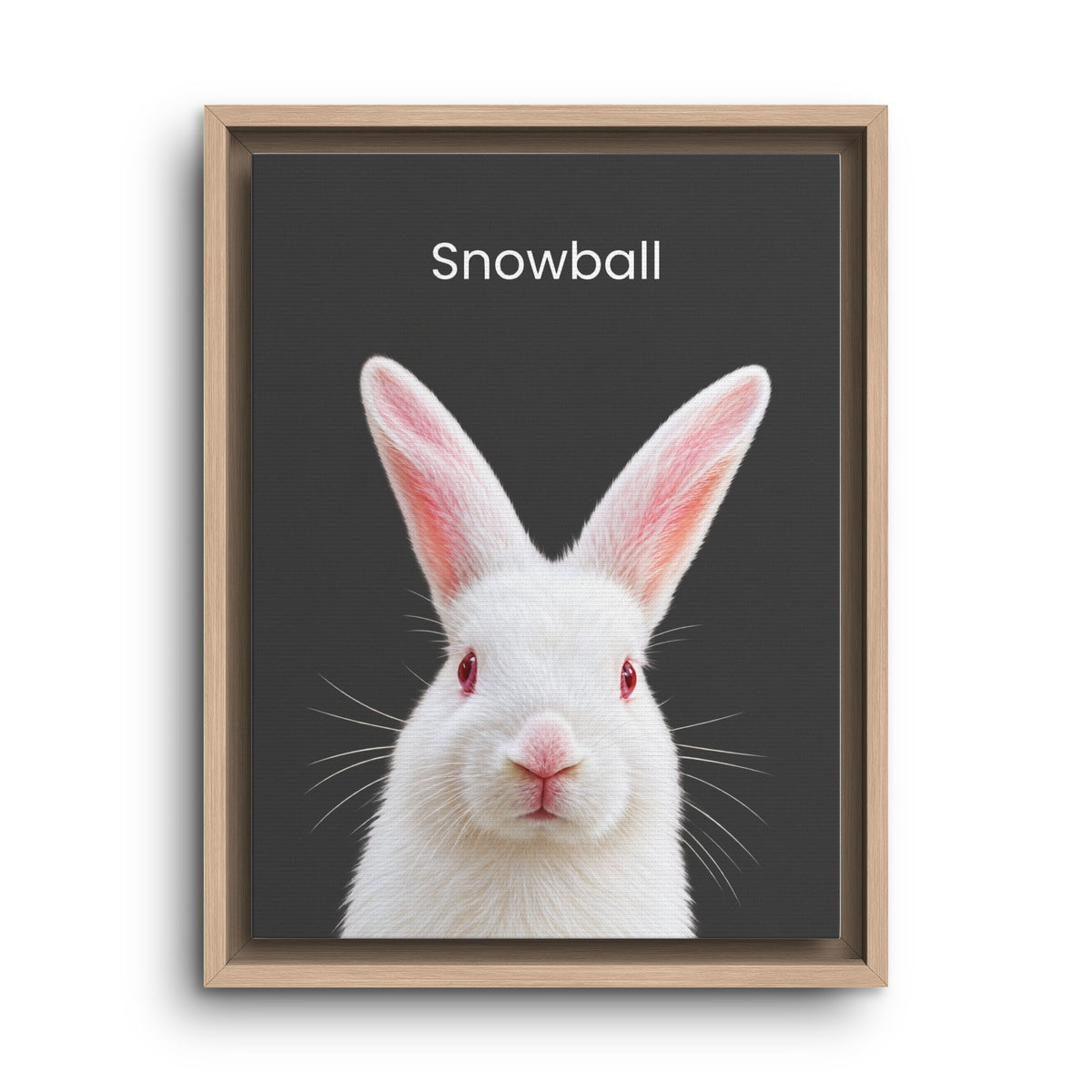 A framed art print featuring a white rabbit with red eyes and pink inner ears on a dark gray background, with the word 'Snowball' printed at the top. The print is housed in a light natural wood frame and is shown against a plain white background.