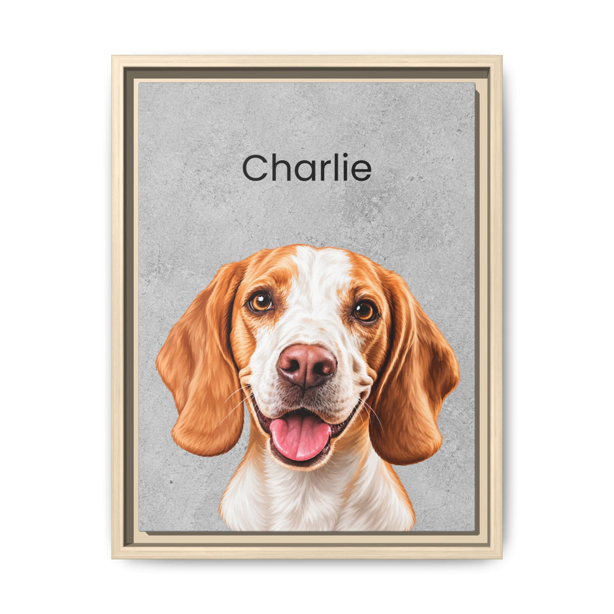 A framed pet portrait print featuring a close-up illustration of a brown and white dog with the name 'Charlie' printed above, shown against a light gray background.