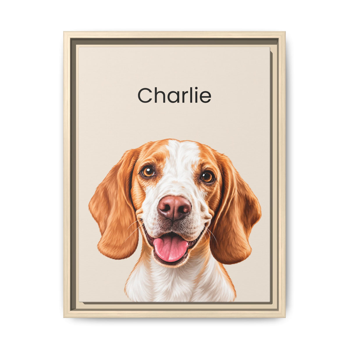 A framed pet portrait print featuring a detailed illustration of a brown and white beagle dog with the name 'Charlie' printed above, shown on a clean white background.