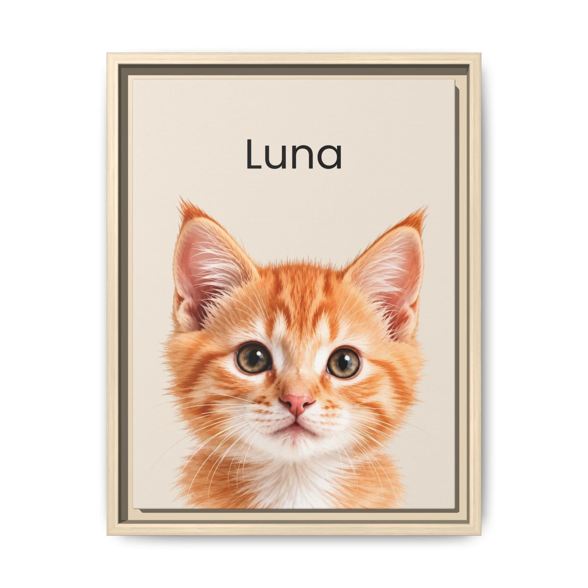 A framed personalized pet portrait featuring a close-up illustration/photo of an orange tabby kitten with the name 'Luna' printed above it, shown against a clean white background.