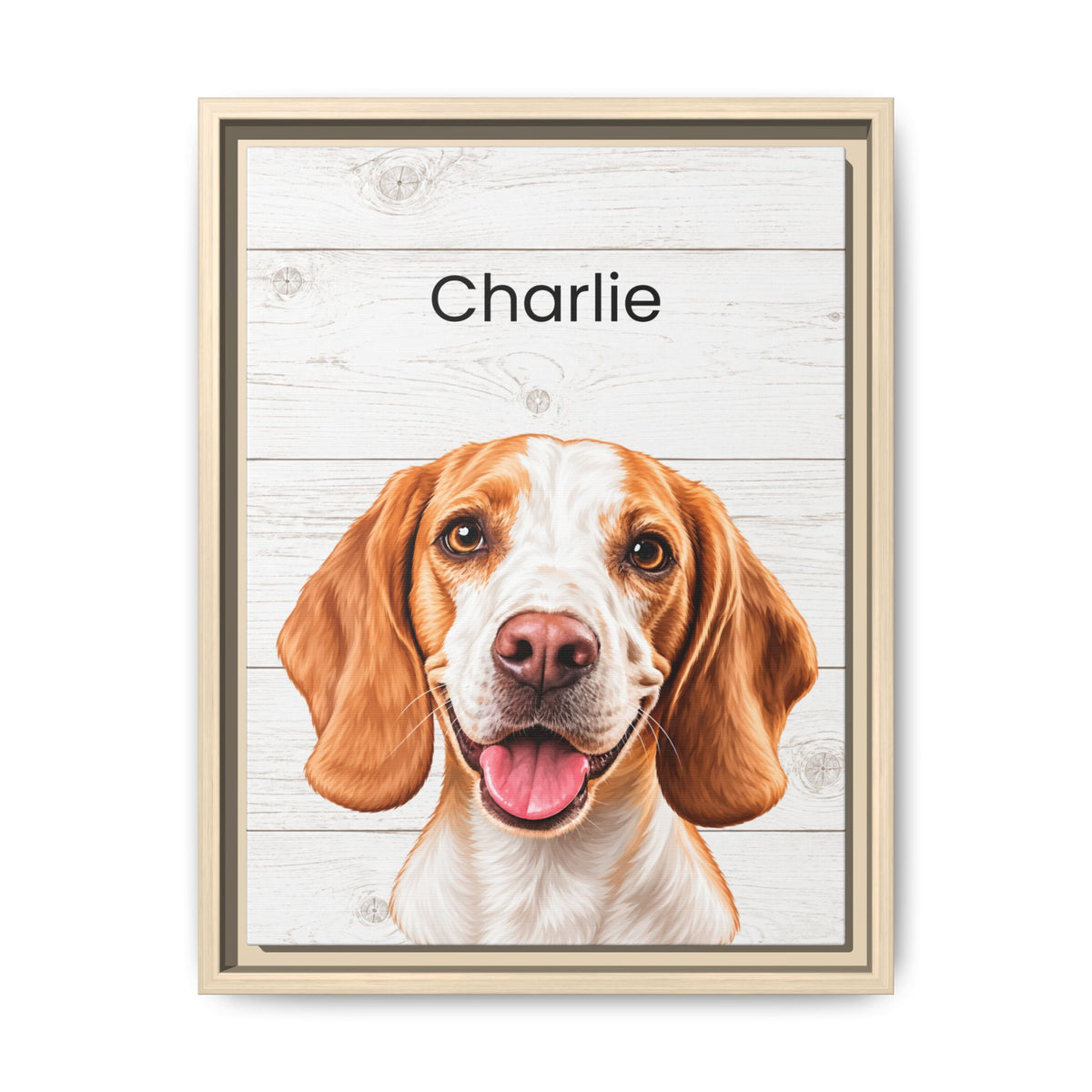 A framed custom pet portrait featuring a realistic illustration of a beagle-type dog named Charlie against a white wood plank background, shown in a light wood frame on a white background.