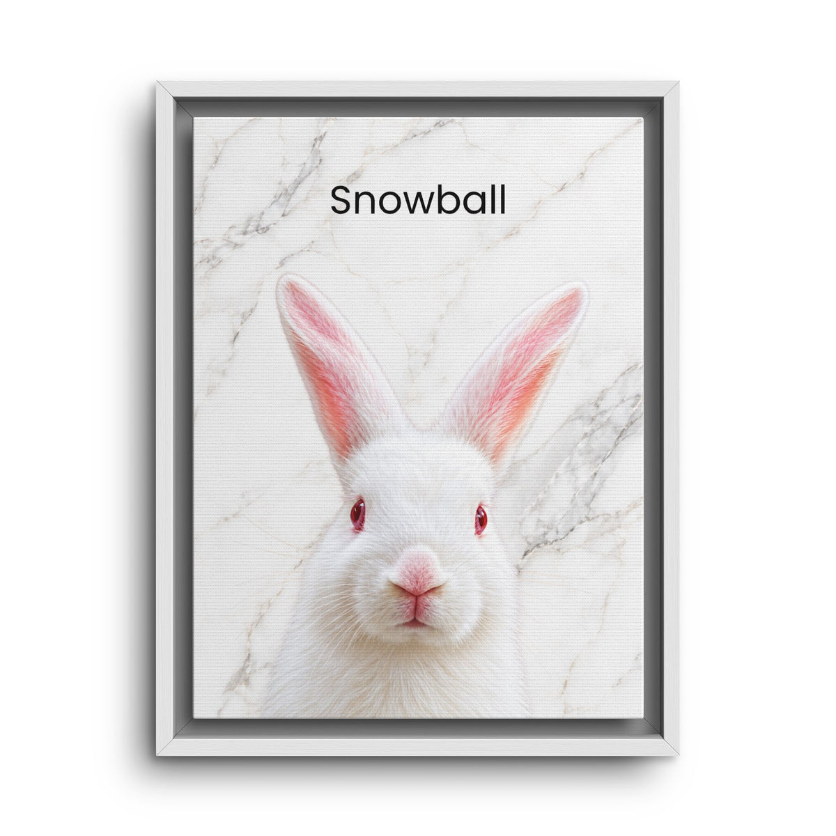 A framed custom pet portrait print featuring a white rabbit with pink inner ears and the name 'Snowball' printed at the top, set against a white marble background.