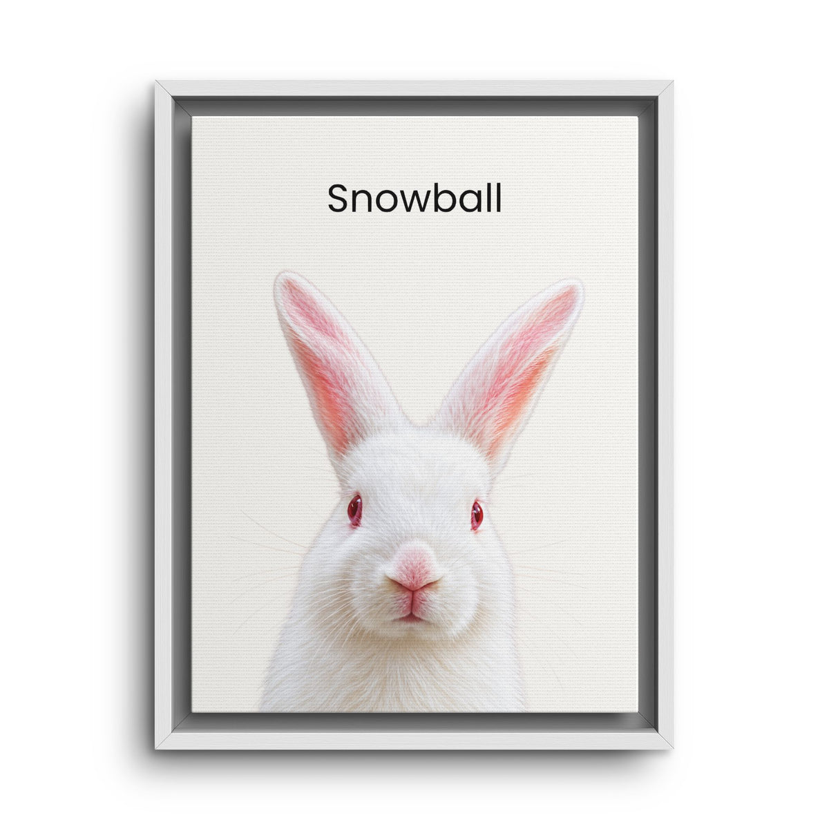 A framed art print featuring a white rabbit with red eyes and the word 'Snowball' printed above it, shown against a clean white background.