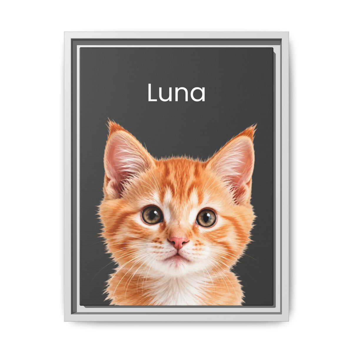 A framed custom pet portrait featuring a close-up photo of an orange tabby kitten on a dark gray background with the name 'Luna' printed in white at the top. The piece is displayed in a white frame against a clean white background.