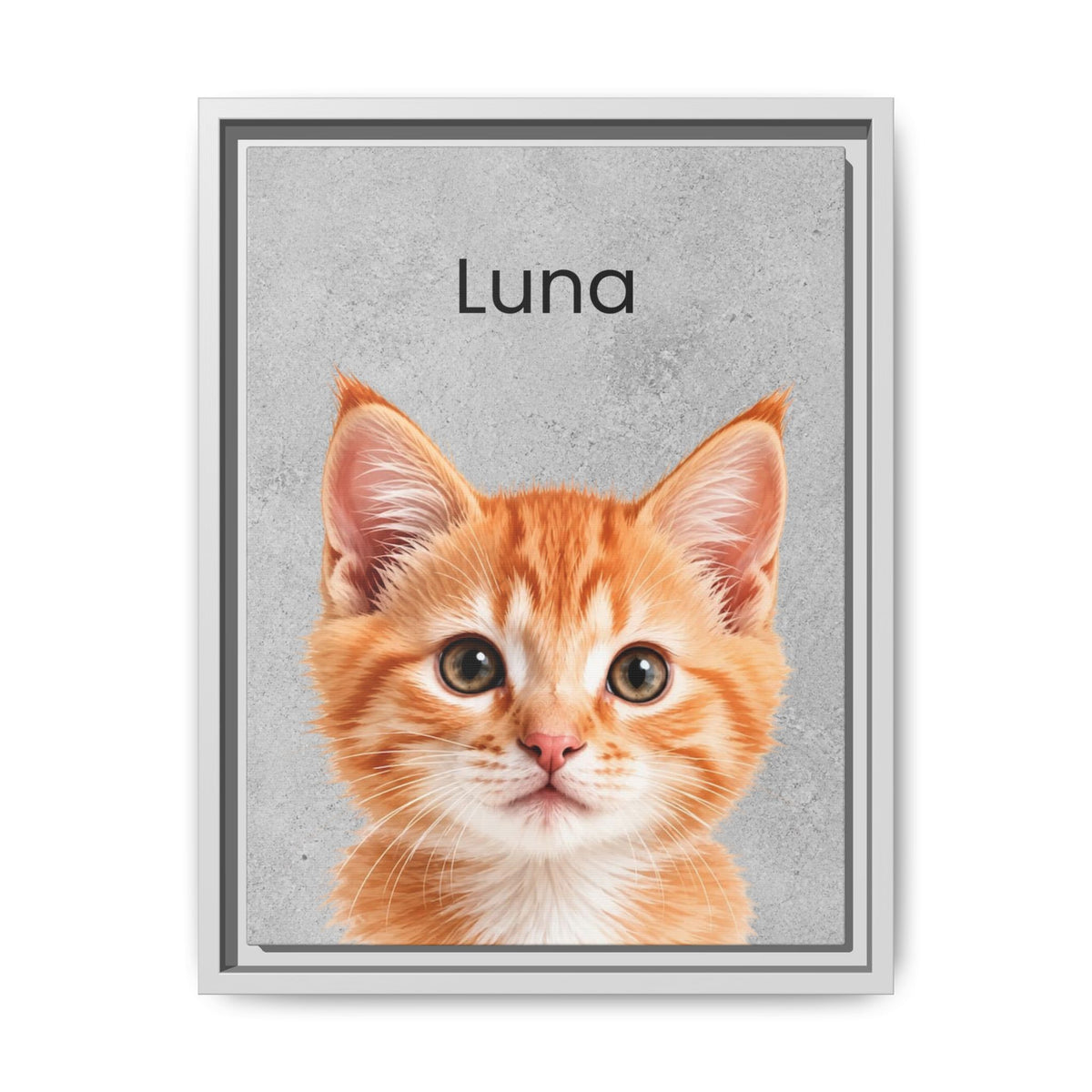A framed custom pet portrait featuring a close-up photo of an orange tabby kitten with the name 'Luna' printed above it on a textured gray background, set against a clean white backdrop.