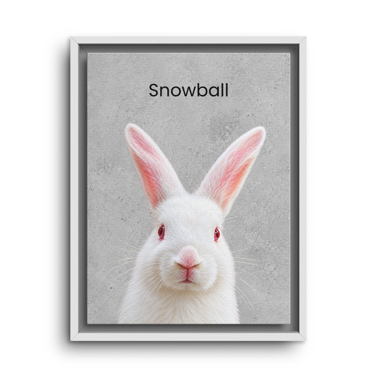 A framed square art print featuring a white rabbit centered on a light gray textured background with the word 'Snowball' above it. The print is shown in a white frame against a white wall.