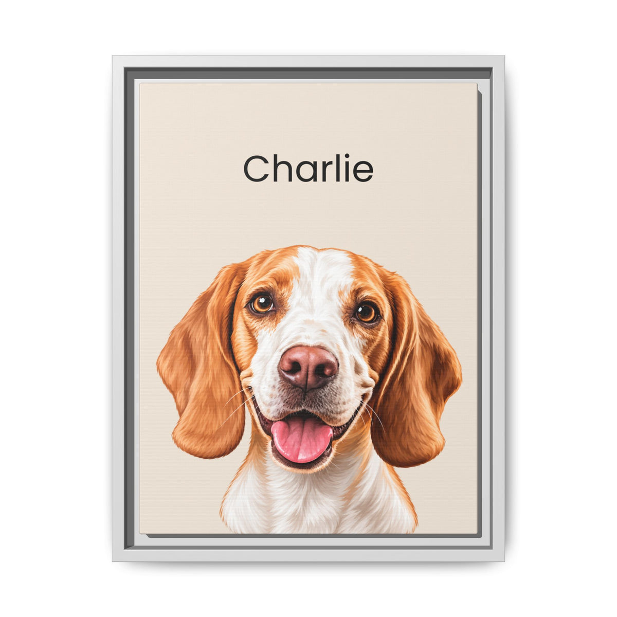 A framed personalized pet portrait print featuring a detailed illustration of a beagle-type dog named Charlie on a warm beige background, shown against a clean white backdrop.