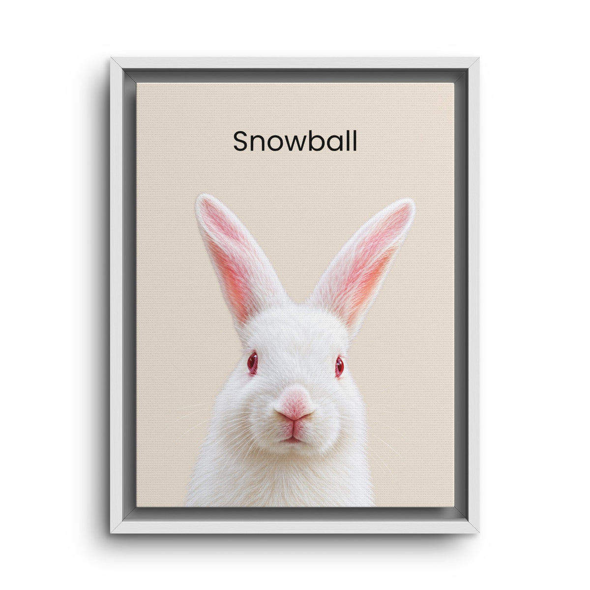 A framed art print featuring a white rabbit with red eyes and pink inner ears on a light beige background, with the word 'Snowball' printed above. The print is housed in a thin white frame and shown against a plain white background.