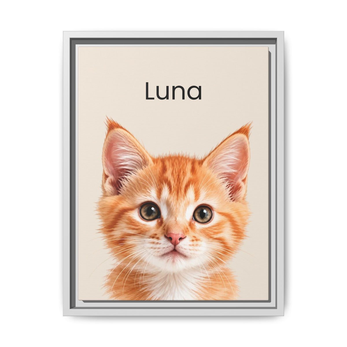 A custom pet portrait poster featuring a cute orange tabby kitten with the name 'Luna' printed above it, displayed in a white frame against a clean white background.
