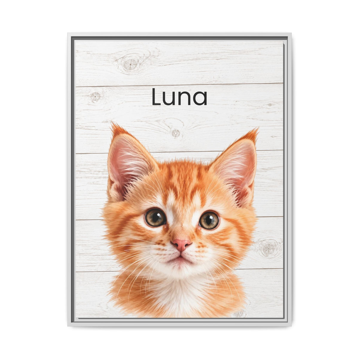 A framed custom pet portrait print featuring an orange tabby kitten on a white wood-plank background with the name 'Luna' printed above it, shown against a plain white background.
