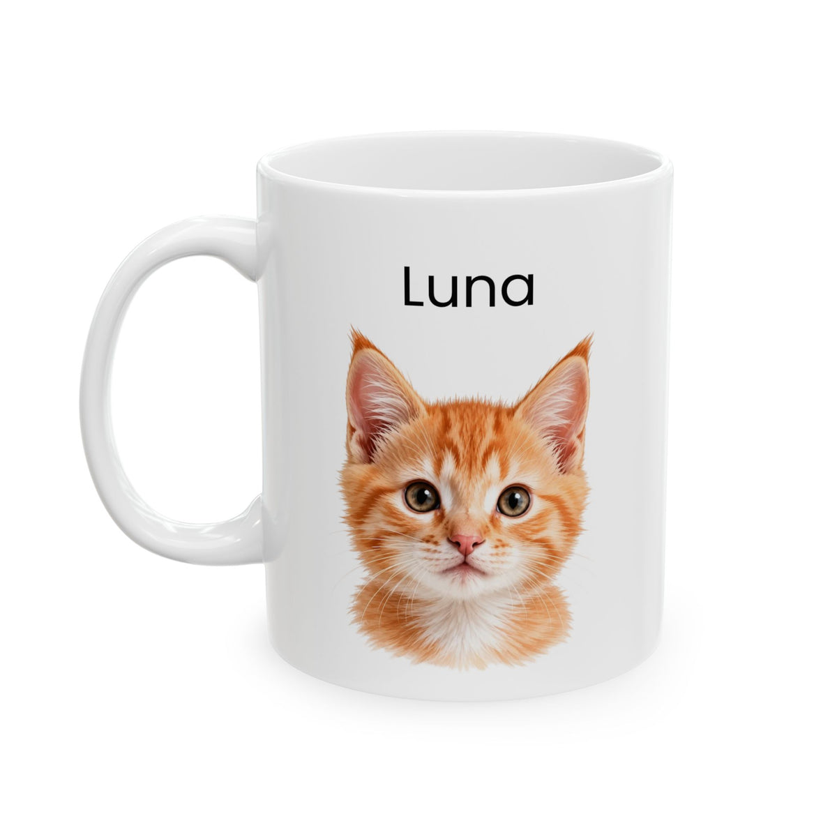 A white ceramic mug featuring a printed illustration of an orange tabby kitten and the name 'Luna' in black text above it, set against a plain white background.