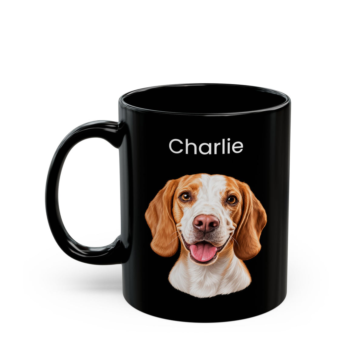 A black ceramic mug featuring a printed portrait of a brown and white beagle dog with the name 'Charlie' in white text above it, shown on a clean white background.