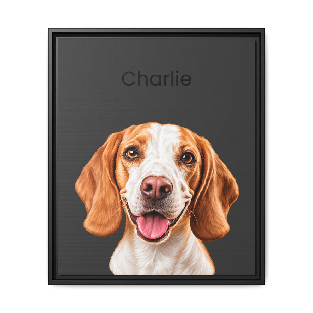 A framed custom pet portrait featuring a digital illustration of a brown and white beagle dog on a dark gray background with the name 'Charlie' printed at the top. The portrait is housed in a simple black frame and shown against a plain white background.