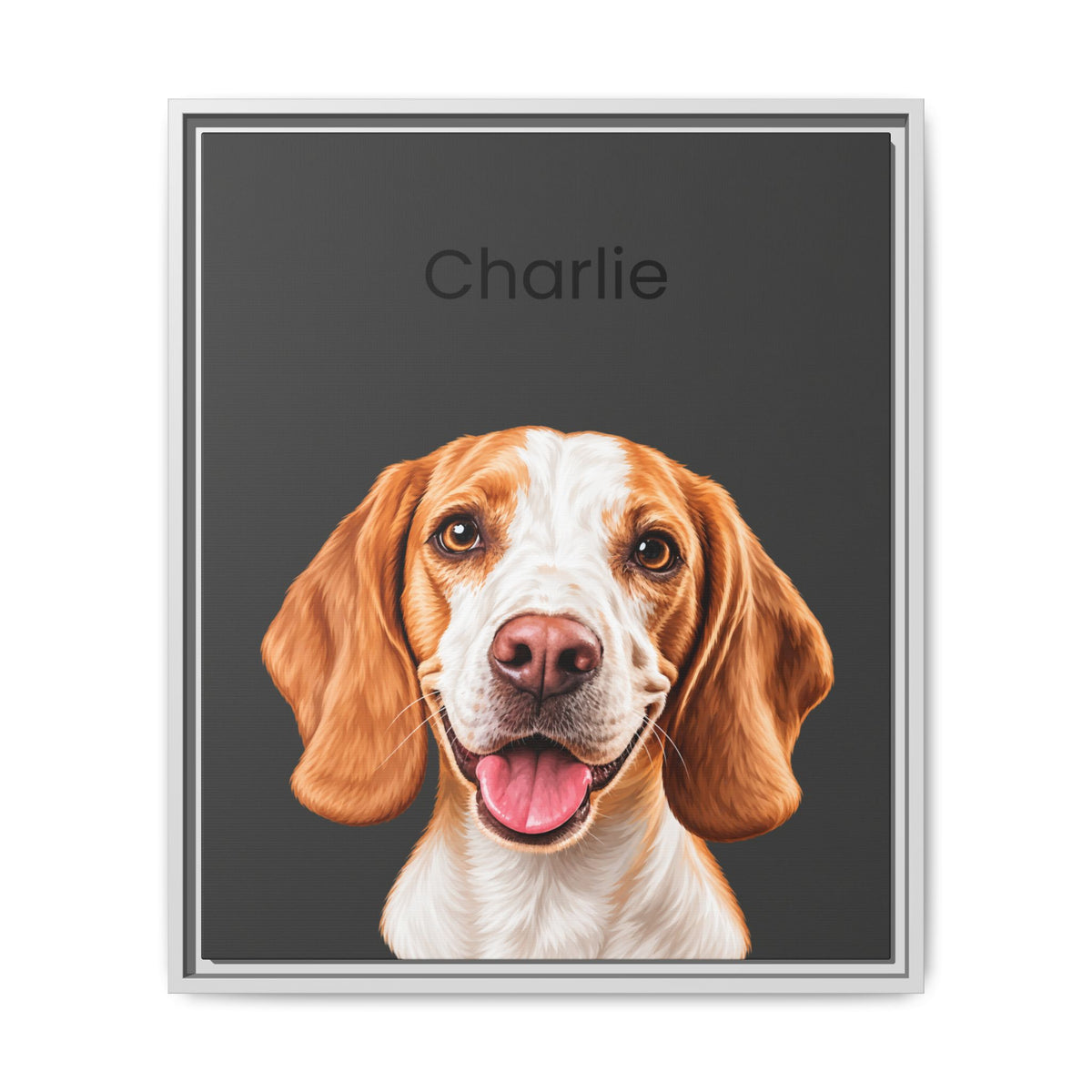 A framed custom pet portrait featuring a digital illustration of a brown and white beagle dog on a dark gray background with the name 'Charlie' printed at the top. The print is shown in a thin silver frame against a clean white background.