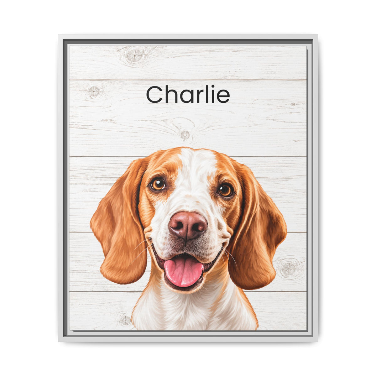 A framed personalized pet portrait print featuring a realistic illustration of a brown and white beagle dog with the name 'Charlie' printed above, set against a white wood plank background.