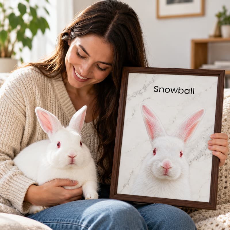 A woman in a cozy living room setting holds a framed custom pet portrait next to a real white rabbit. The framed print features a marble-textured background with a white rabbit illustration labeled 'Snowball' in black text.
